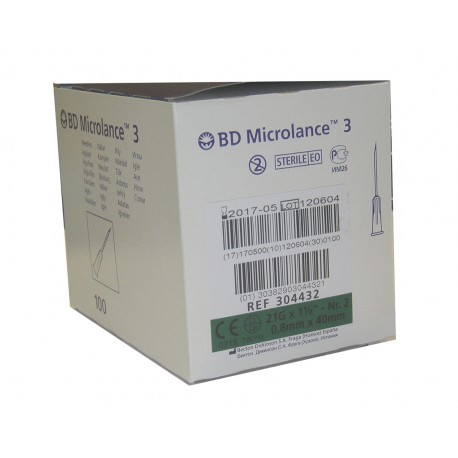 AGUJAS 0,8x40mm (21G x 1,1/2") (C/100 UNID) BD
